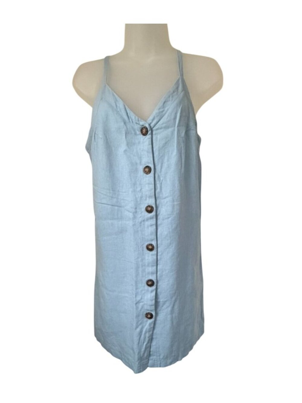 Timing Blue Linen Blend Button Front Cami Mini Tank Dress Womens M Cottagecore